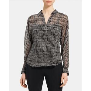 THEORY $225 Printed Georgette Sheer Cinched Stripe Shirt Top Size Petite